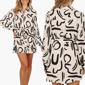 New Petal & Pup Abstract Cosmo Long Sleeve Linen Mini Shirt dress
